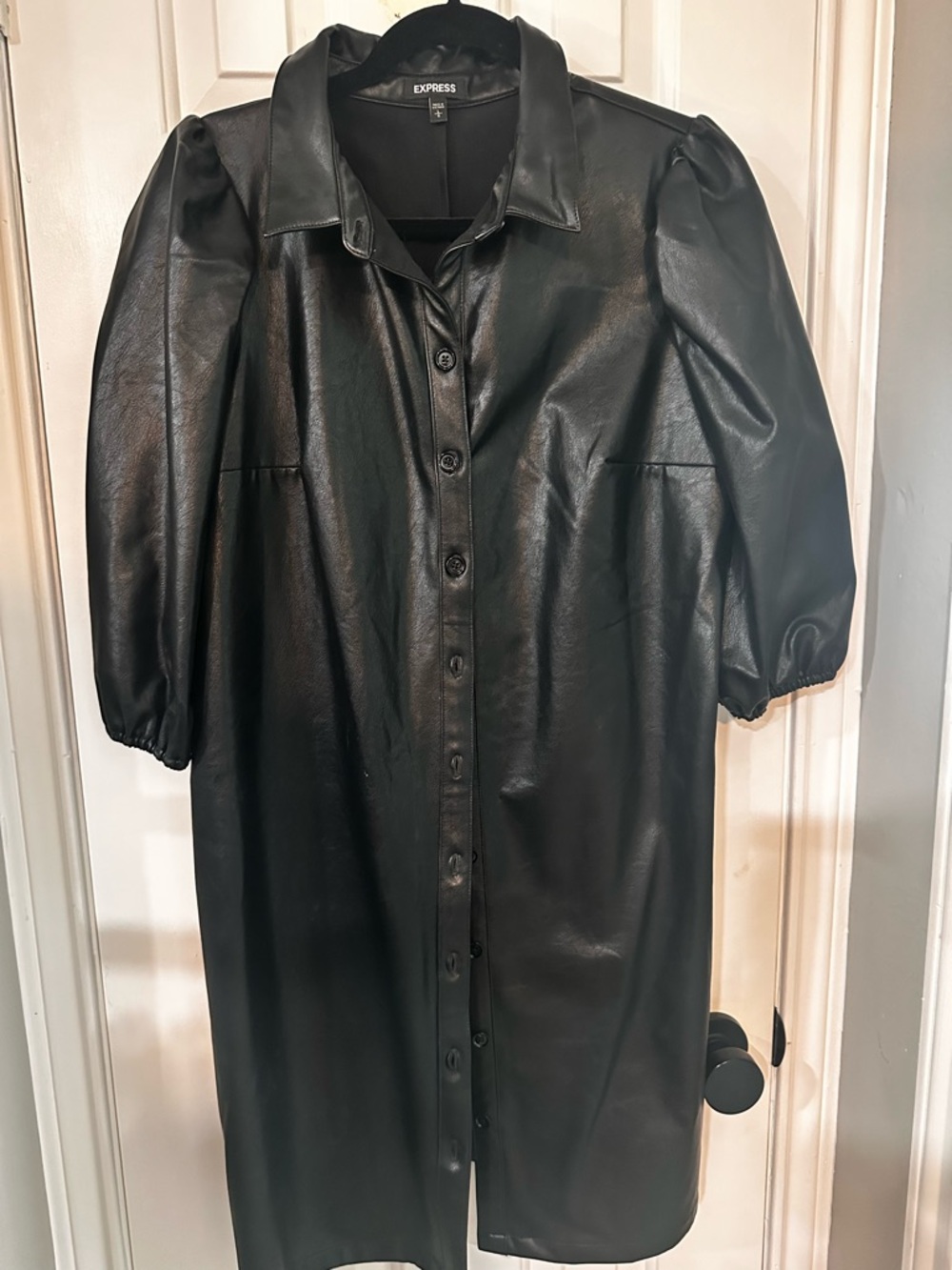 Express Black Faux Leather Button-Front Shift Dress with Puff Sleeves